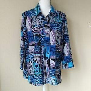 Vintage Nikki Button Down Pattern Y2K Blouse 12 Blue Multicolored